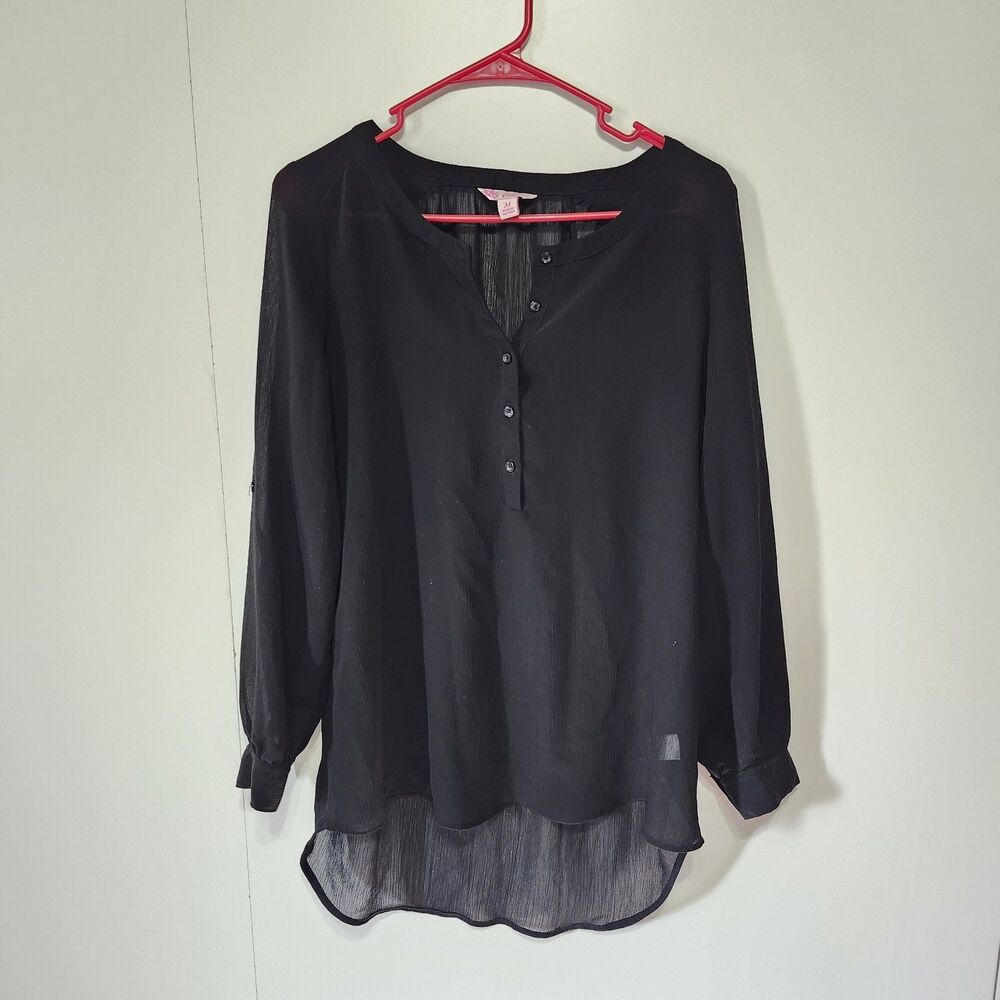 Candie’s Black Sheer Tunic Blouse Medium Roll Tab Sleeves Hi Low Hem
